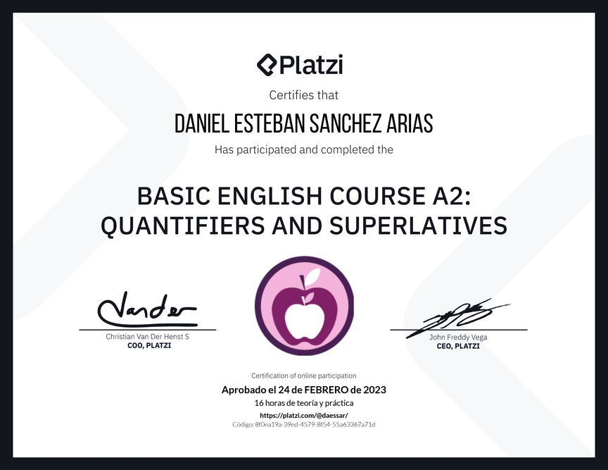 Diploma del Curso de Inglés Básico A2: Cuantificadores y Superlativos