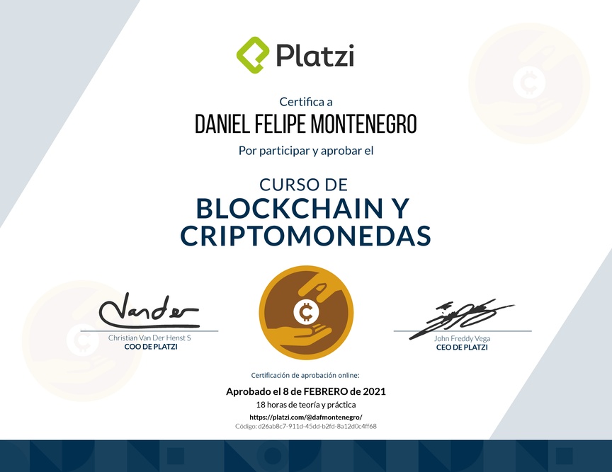 Diploma del Curso de Blockchain y Criptomonedas 2018