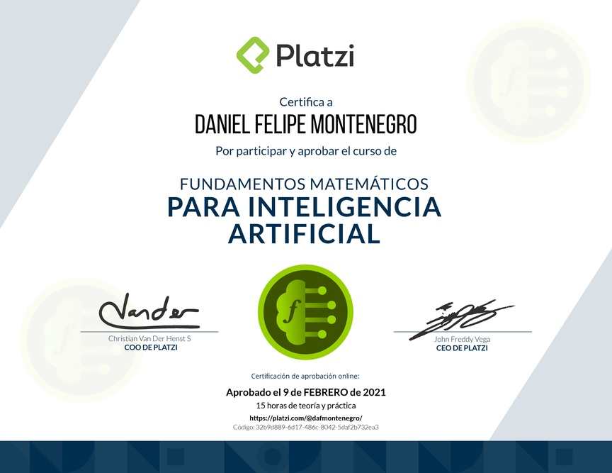Diploma del Curso de Fundamentos Matemáticos para Inteligencia Artificial 2019