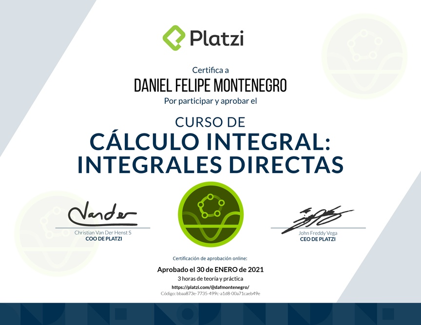 Diploma del Curso de Cálculo Integral: Integrales Directas