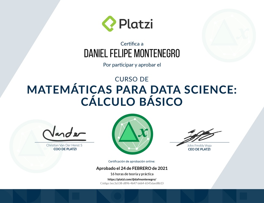 Diploma del Curso de Matemáticas para Data Science: Cálculo Básico
