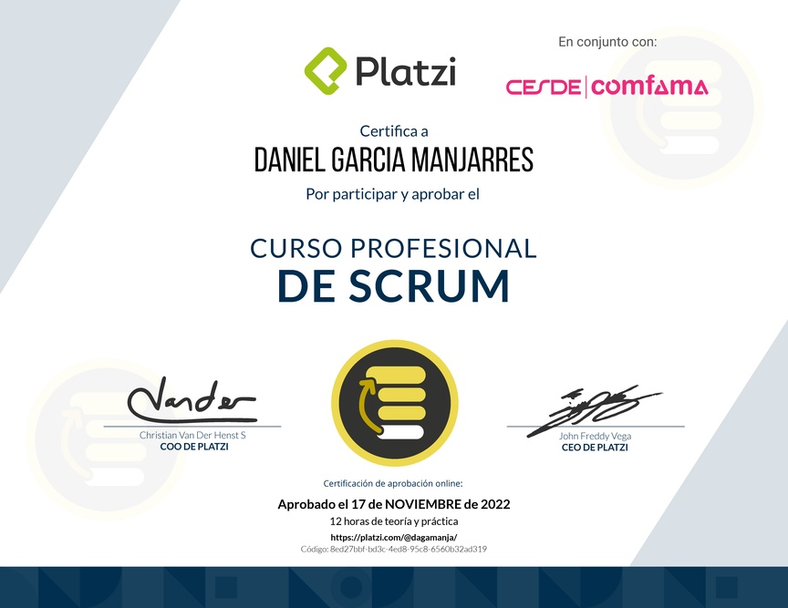 Diploma del Curso Profesional de Scrum