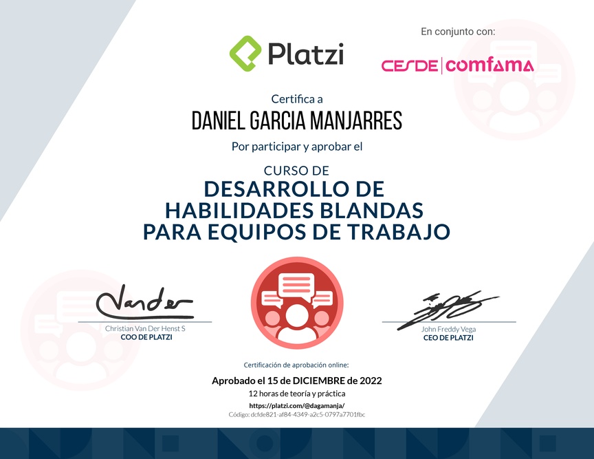 Diploma del Curso de Desarrollo de Habilidades Blandas para Equipos de Trabajo