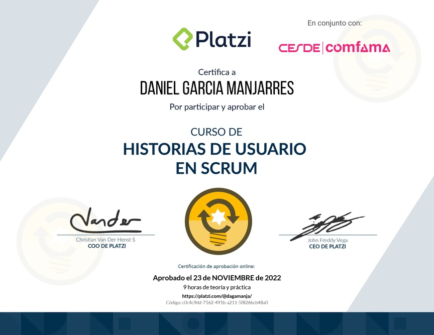 Diploma del Curso de Historias de Usuario en Scrum