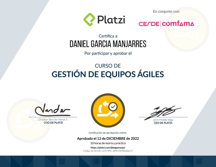 Diploma del Curso de Gestión de Equipos Ágiles