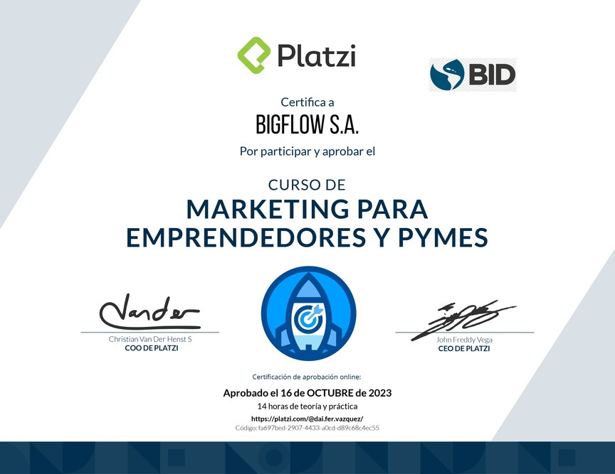 Diploma del Curso de Marketing para Emprendedores y PyMes