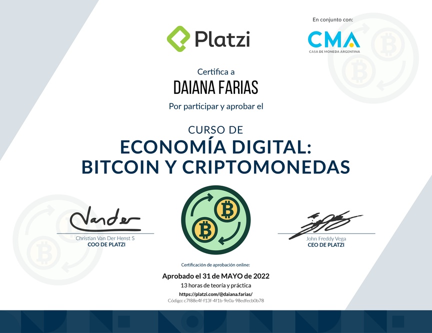 Diploma del Curso de Economía Digital: Bitcoin y Criptomonedas