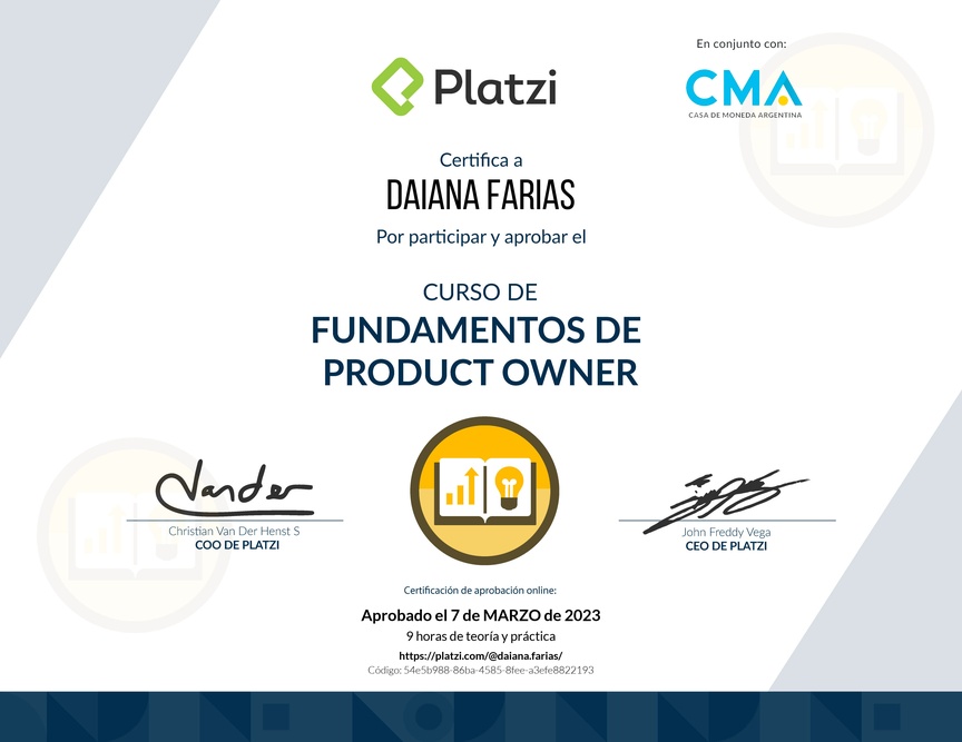 Diploma del Curso de Fundamentos de Product Owner