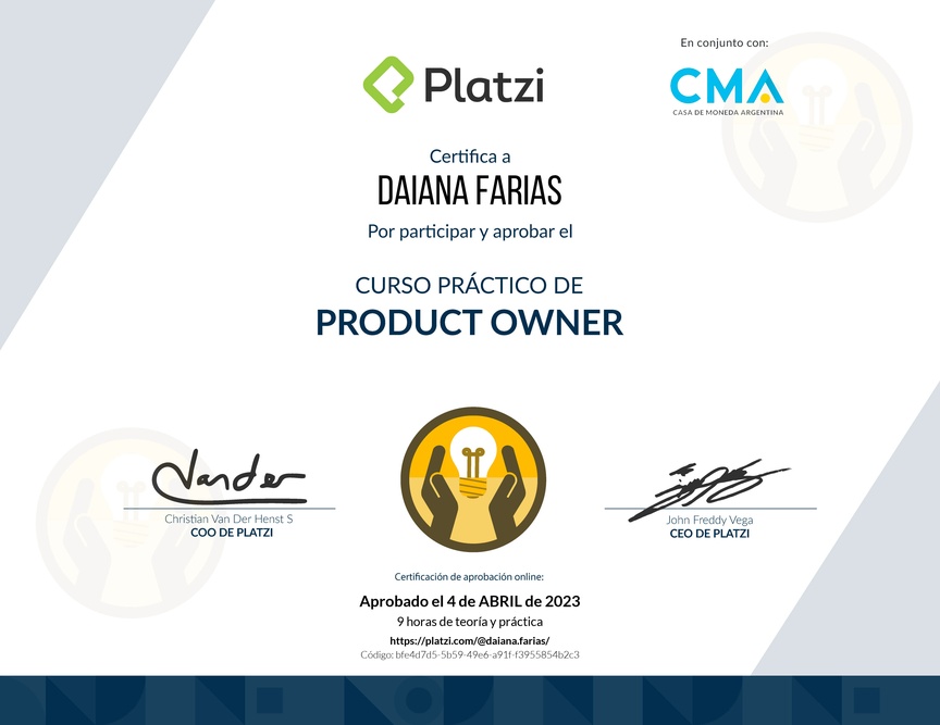 Diploma del Curso de Herramientas y Frameworks Intermedias para Product Owners
