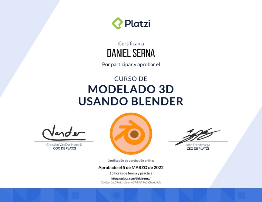 Diploma del Curso de Modelado 3D usando Blender