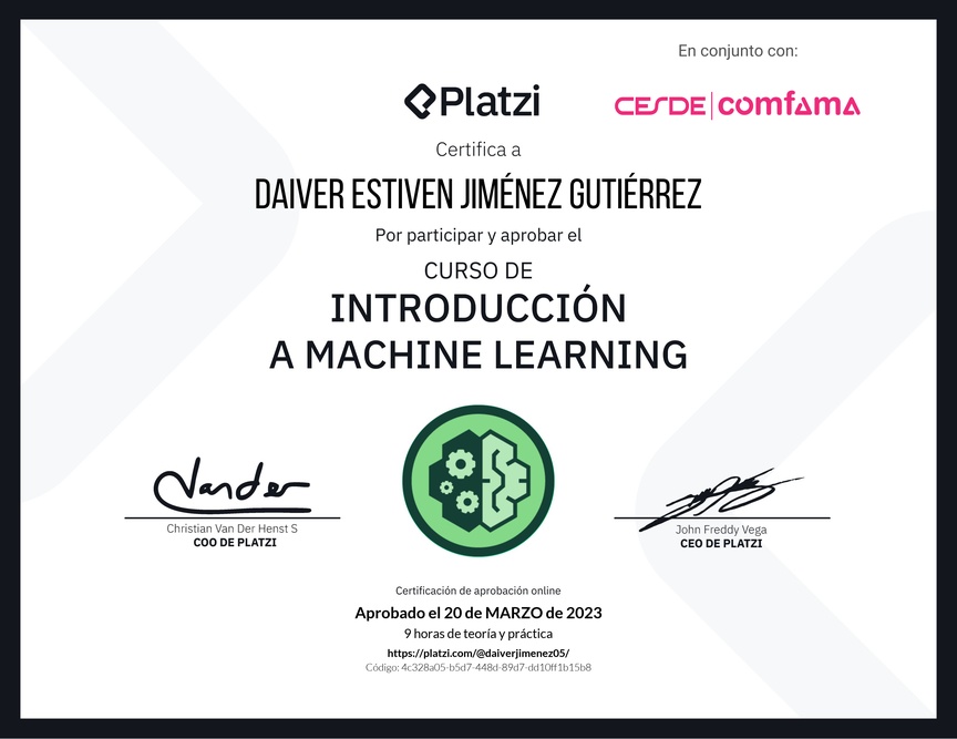 Diploma del Curso de Introducción a Machine Learning