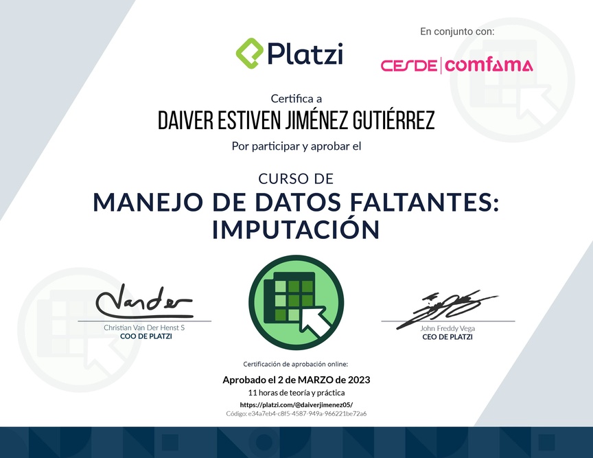 Diploma del Curso de Manejo de Datos Faltantes: Imputación