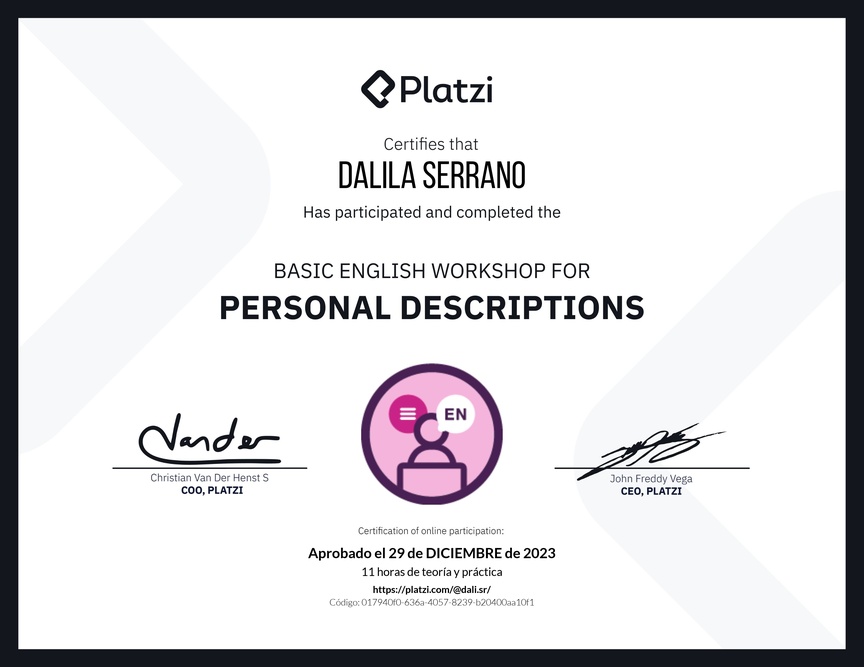 Diploma del Curso de Inglés Práctico para Descripciones Personales (2020=