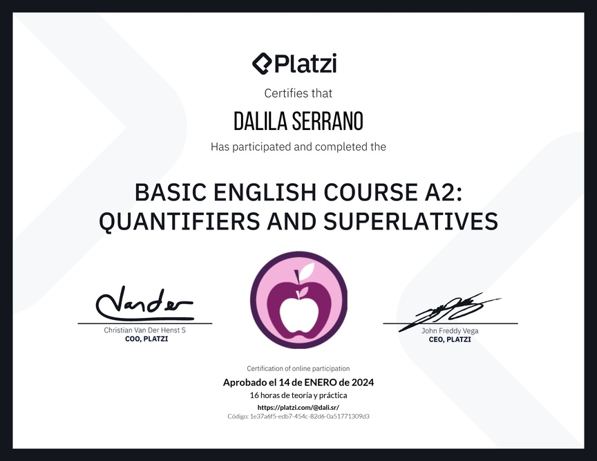 Diploma del Curso de Inglés Básico A2: Cuantificadores y Superlativos