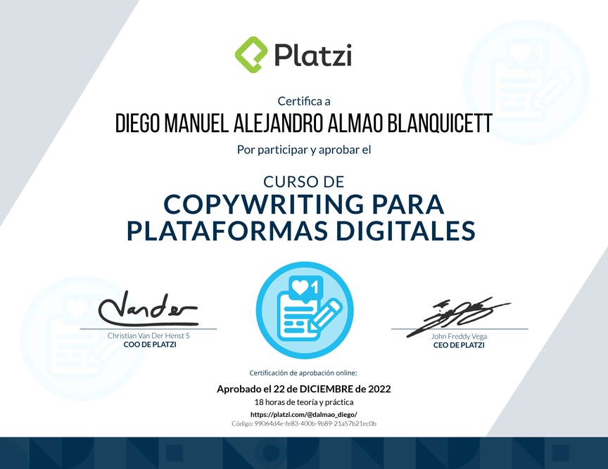 Diploma del Curso de Copywriting para Plataformas Digitales