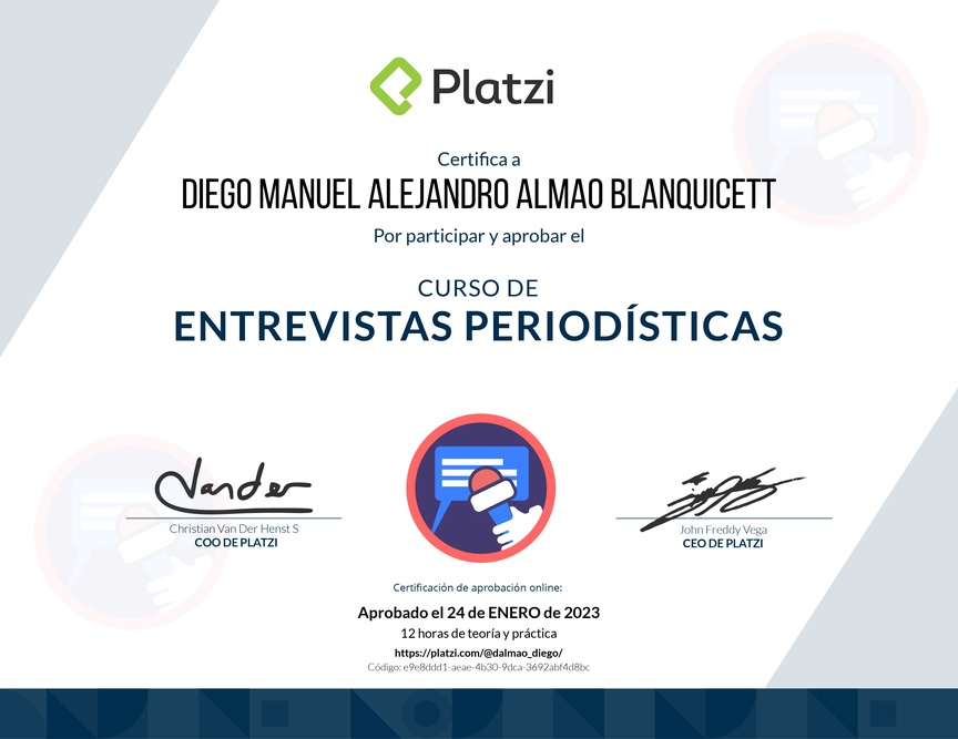 Diploma del Curso de Entrevistas Periodísticas