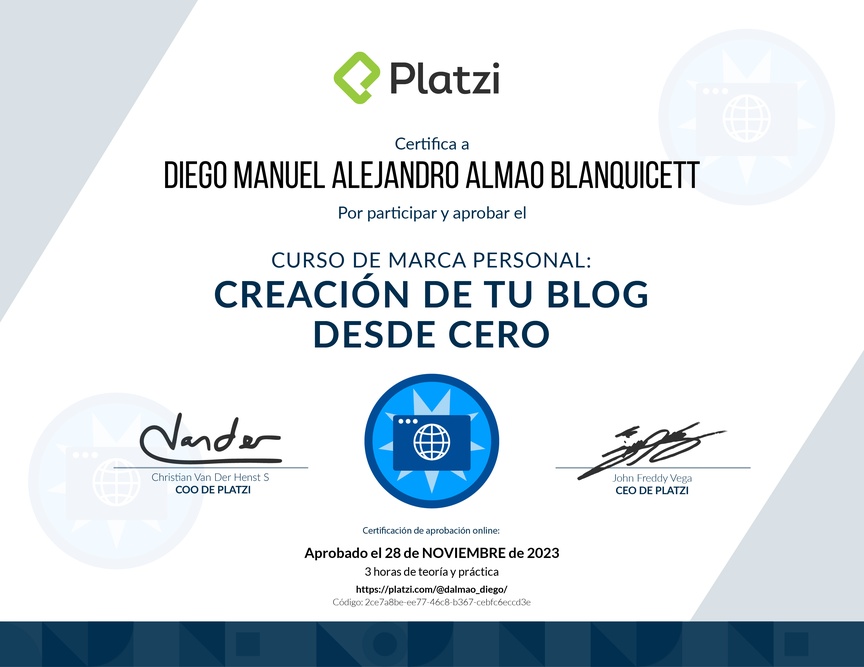 Diploma del Curso de Creación y Gestión de Blogs para Marca Personal