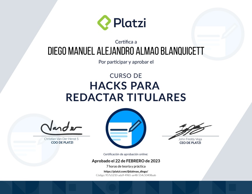 Diploma del Curso de Hacks para Redactar Titulares
