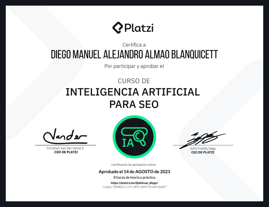 Diploma del Curso de Inteligencia Artificial para SEO