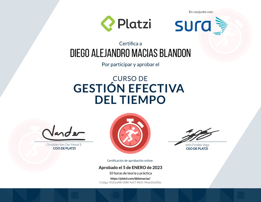 Diploma del Curso de Gestión Efectiva del Tiempo