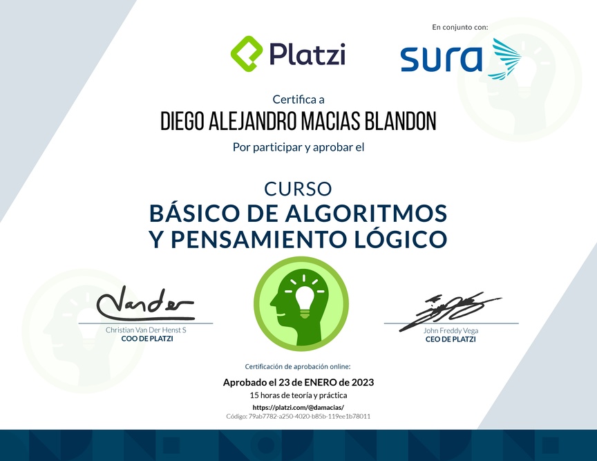 Diploma del Curso Básico de Algoritmos y Pensamiento Lógico