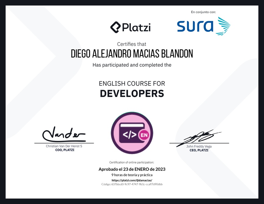 Diploma del Curso de Inglés para Programadores