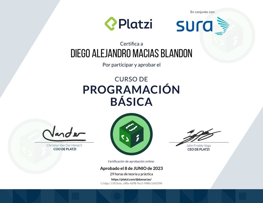 Diploma del Curso Gratis de Programación Básica 2022