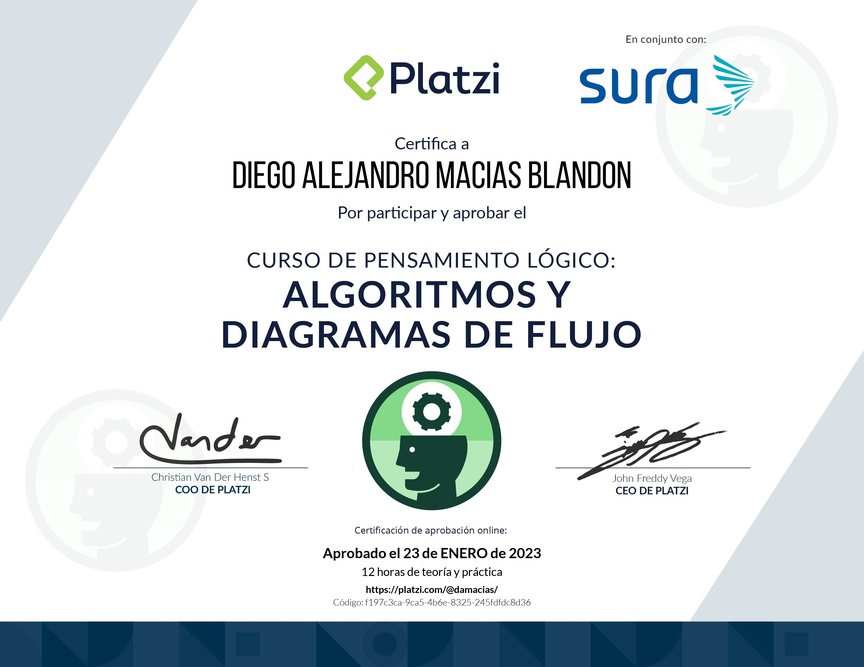 Diploma del Curso de Pensamiento Lógico: Algoritmos y Diagramas de Flujo