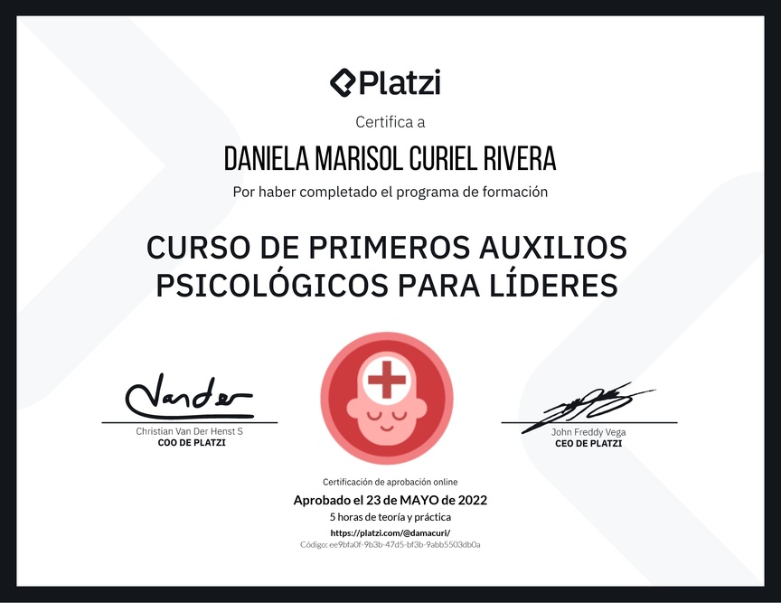 Diploma del Curso de Primeros Auxilios Psicológicos para Líderes