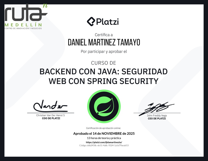 Diploma del Curso de Java Spring Security: Autenticación y Seguridad Web