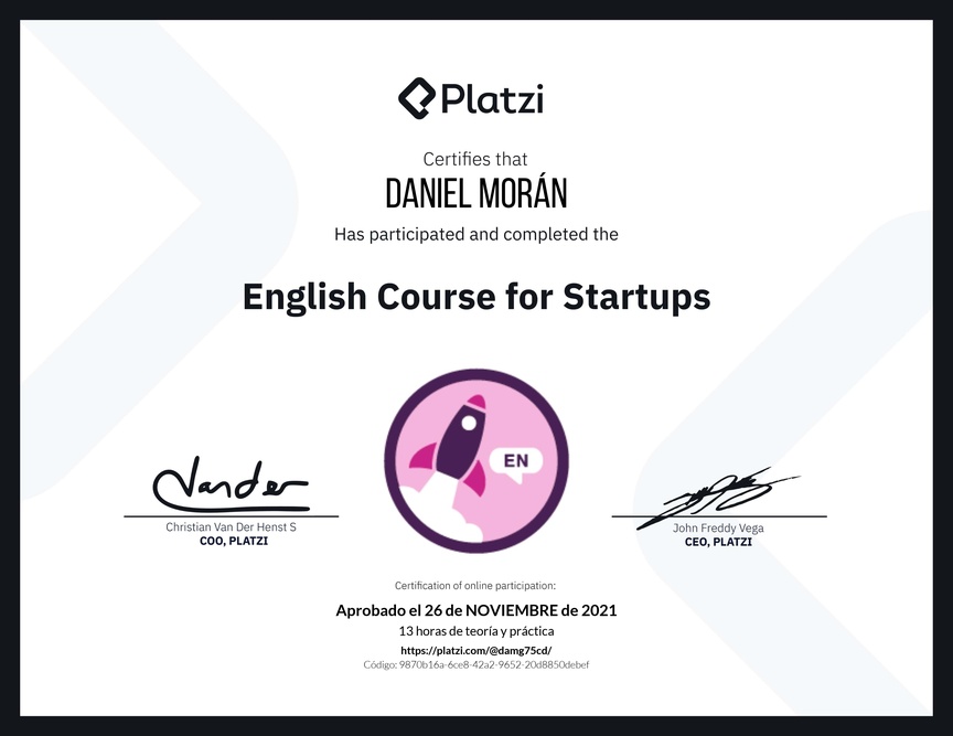 Diploma del Curso para Startups en Inglés (2021)