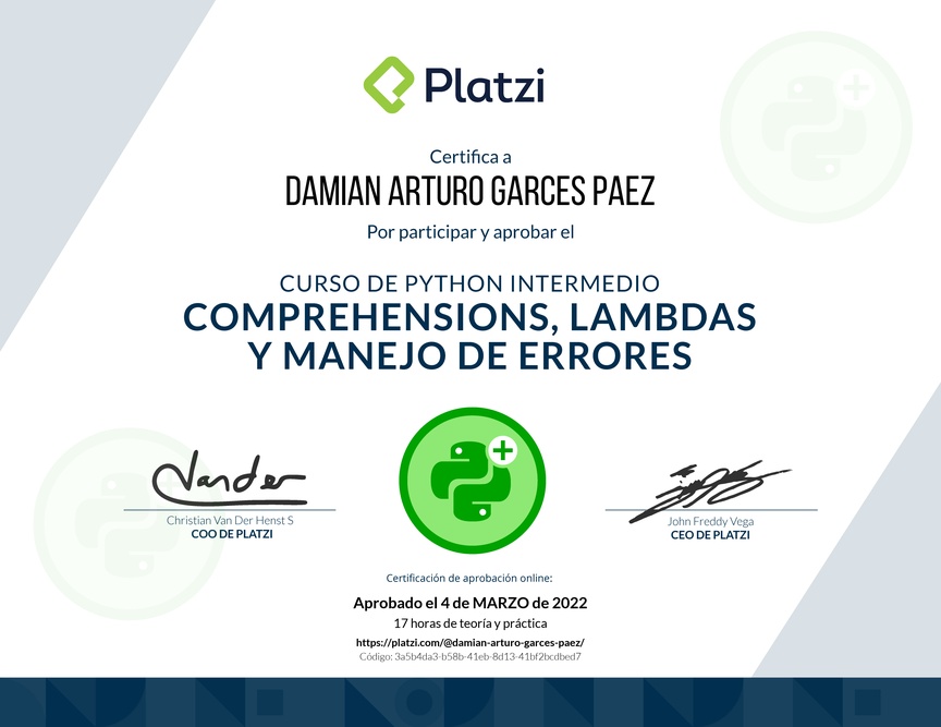 Diploma del Curso de Python Intermedio: Comprehensions, Lambdas y Manejo de Errores