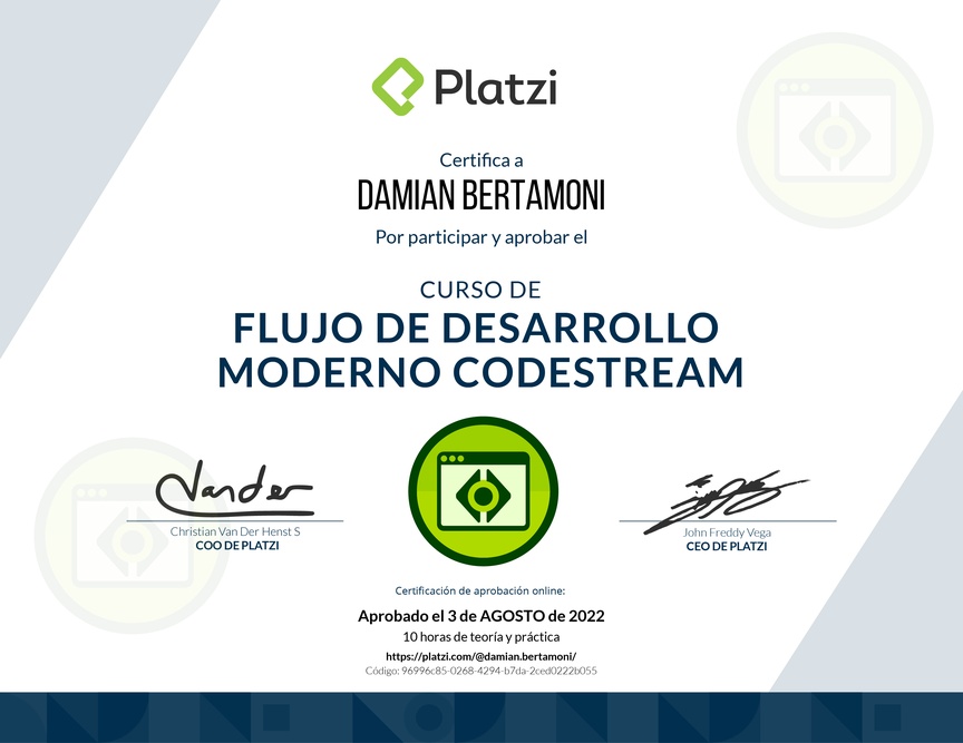 Diploma del Curso de Flujo de Desarrollo Moderno CodeStream