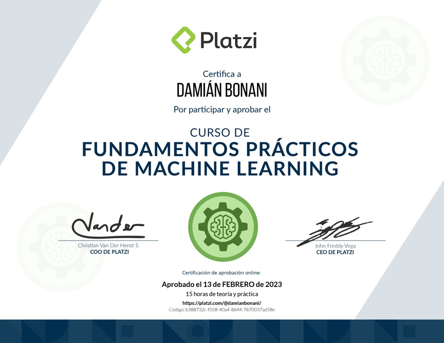 Diploma del Curso de Fundamentos Prácticos de Machine Learning