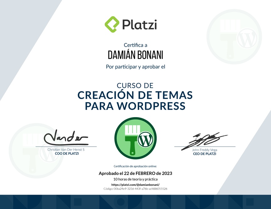 Diploma del Curso de Creación de Temas para WordPress