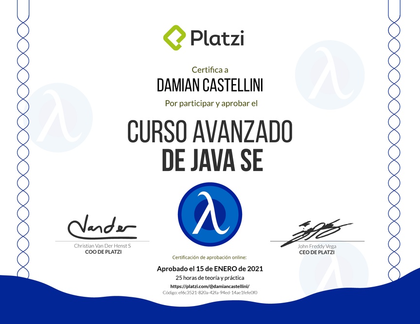Diploma del Curso Avanzado de Java SE