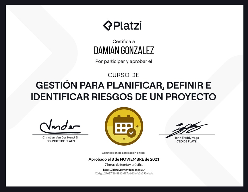 Diploma del Curso de Gestión para Planificar, Definir e Identificar Riesgos de un Proyecto