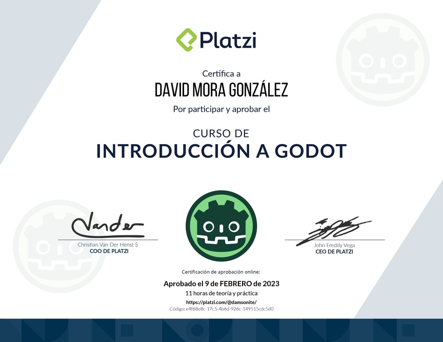 Diploma del Curso Introductorio de Desarrollo de Videojuegos con Godot