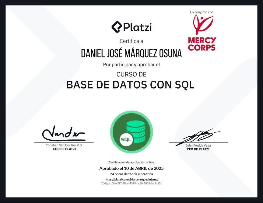 Diploma del Curso de Bases de Datos con SQL