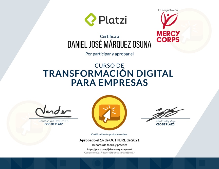 Diploma del Curso de Transformación Digital para el Crecimiento de tu Empresa