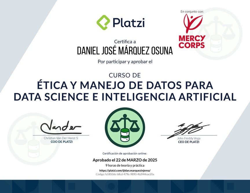 Diploma del Curso de Ética y Manejo de Datos para Data Science e Inteligencia Artificial