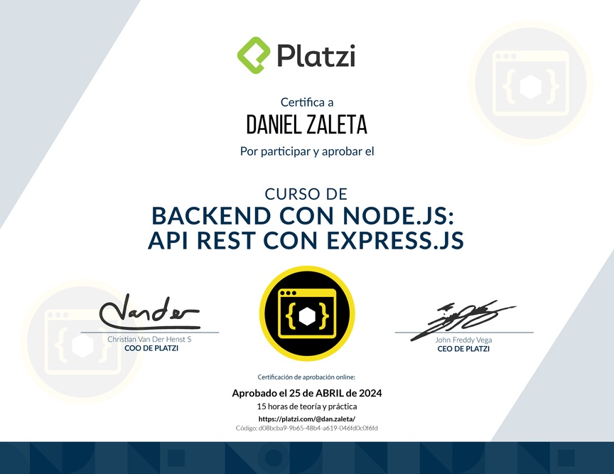 Diploma del Curso de Backend con Node.js: API REST con Express.js