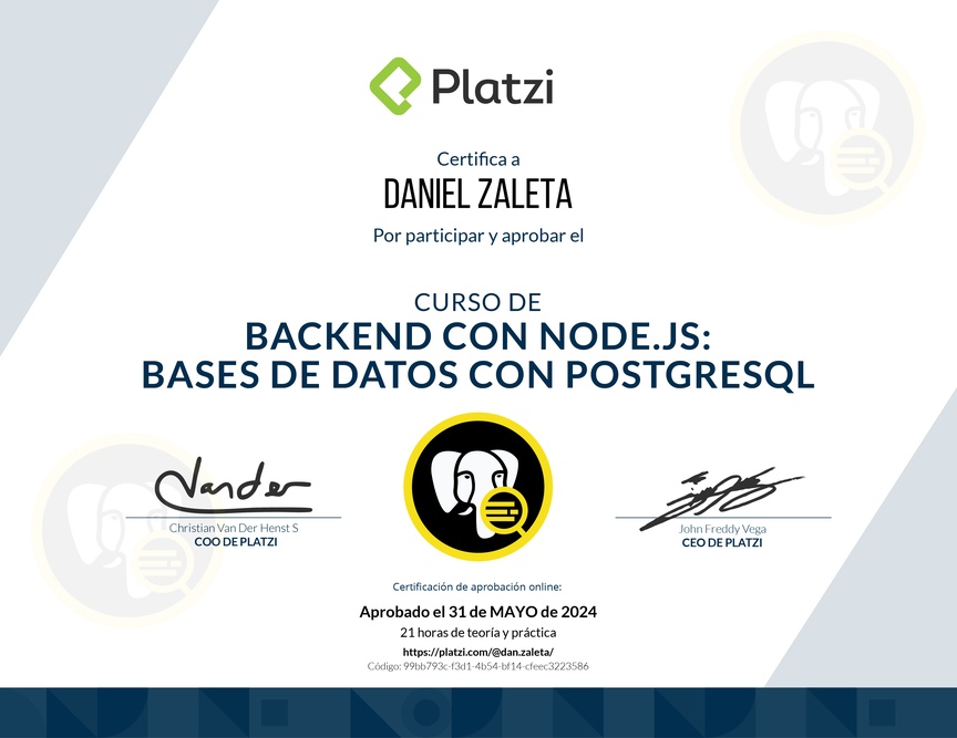 Diploma del Curso de Backend con Node.js: Base de Datos con PostgreSQL