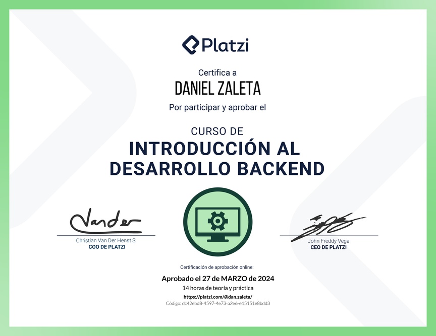 Diploma del Curso de Introducción al Desarrollo Backend