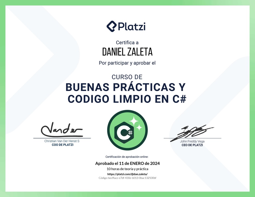 Diploma del Curso de Buenas Prácticas y Código Limpio en C#