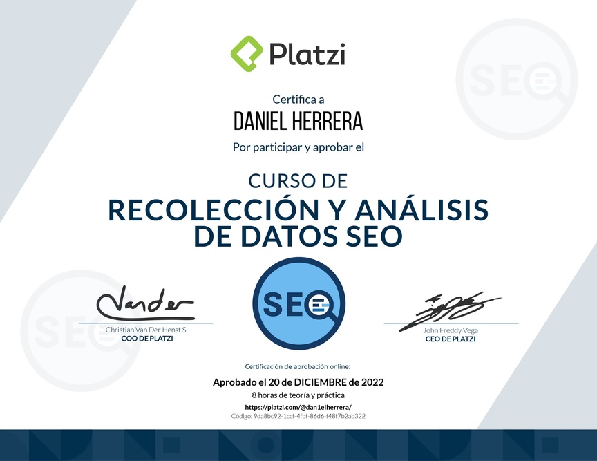 Diploma del Curso de Recolección y Análisis de datos SEO