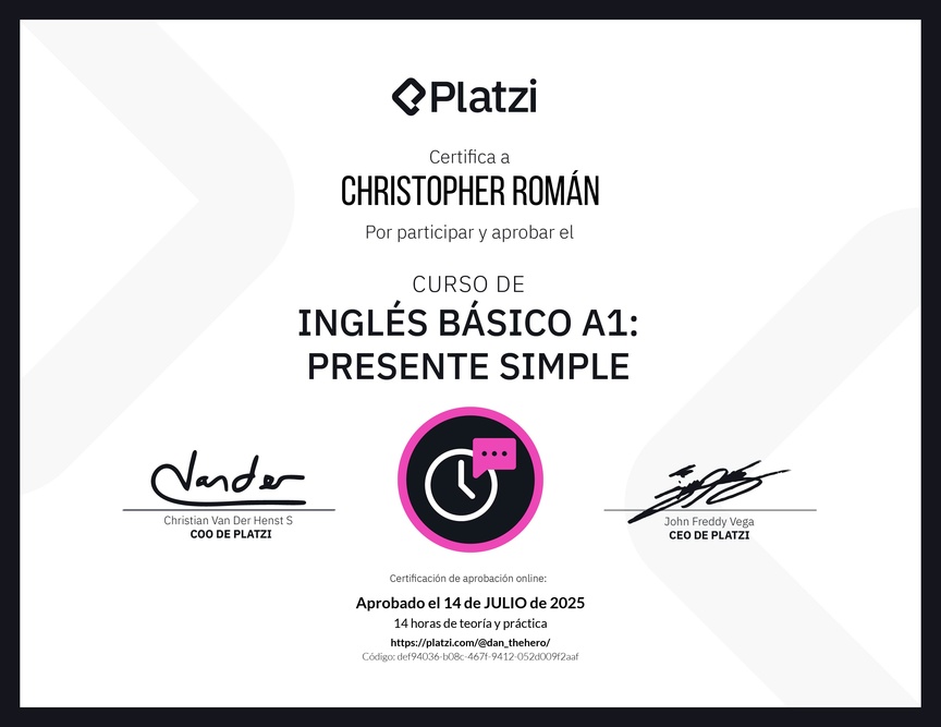 Diploma del Curso de Inglés Básico A1: Presente Simple