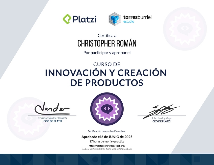 Diploma del Curso de Innovación y Creación de Productos