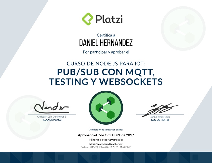 Diploma del Curso de Node.js para IoT: Pub/Sub con MQTT, Testing y WebSockets