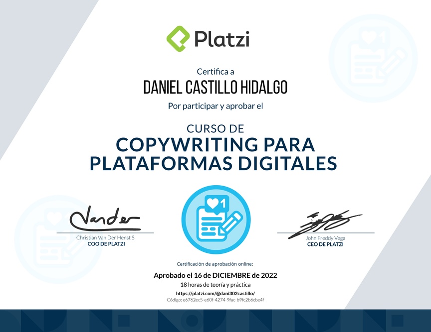 Diploma del Curso de Copywriting para Plataformas Digitales